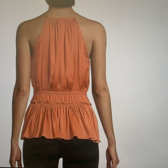 PHILOSOPHY GATHERED HALTER-NECK PEPLUM-TOP IN TERRACOTTA NWT - Picture 3 of 10